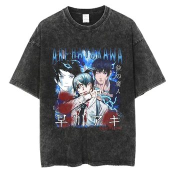 Homens Lavado Preta Camiseta De Anime Japonês De Desenhos Animados Gráfico T-Shirt De Hip Hop De Grandes Dimensões Harajuku Algodão Tops Tee Solto