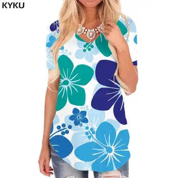 KYKU Flor T-Shirt das Mulheres Colorido Camisetas Impressas Arte V-pescoço Camiseta Harajuku Camisa de Impressão Roupas de Mulheres de Punk Rock Estilo Solto