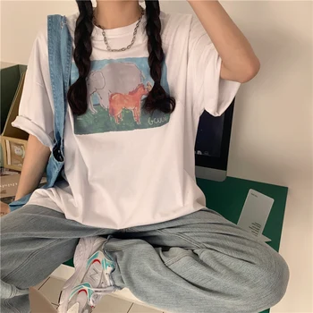 Feminino coreano Harajuku Solta Bonito dos desenhos animados de Impressão Camiseta feminina T-shirts, Tops Japonesas Kawaii Senhoras Ulzzang Roupas Para Mulheres