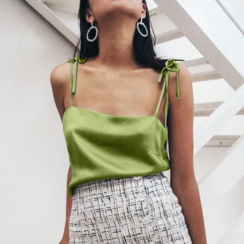 Moda Cetim Mulheres Tank Top Sexy Spaghetti Strap Sem Mangas Bandagem Verde Tops Para As Mulheres Streetwear Superior Camisole