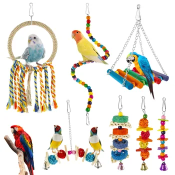 7Pcs Papagaio Kit de Brinquedos de Madeira Colorido Pássaro Balanço de Brinquedo Papagaio Jogar Formação de Brinquedo para Periquitos Calopsitas Tentilhões Periquito