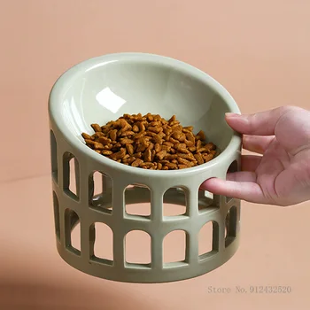 Cerâmica de alta pés tigela tigela de arroz gato oblíqua boca protege as vértebras cervicais anti-tombamento de fácil limpeza, alimentação bacia do animal de estimação