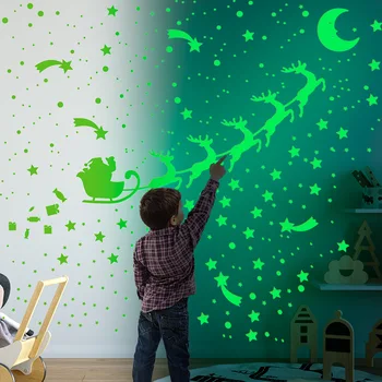 3D Luminosa decoração de Natal adesivo de parede DIY fluorescente veado carrinho de lua que brilha no escuro, adesivos de quarto de crianças de decoração DIY Decalque