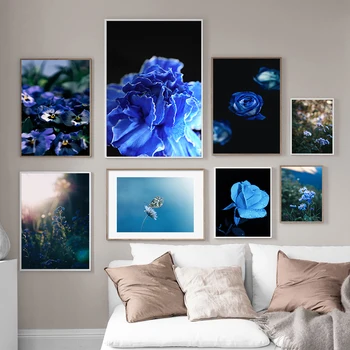 Simples Flor Azul Abstrato Arte De Parede De Impressão De Tela De Pintura Nórdica Cartaz De Parede Fotos De Sala De Estar Decoração Home