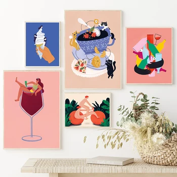 Arte de parede do Poster de Impressão de decoração de Casa de sorvete Ilustração Amante do Vinho de Lona Presente Cartoon Pintura Cozinha Criança Quarto Decoração Home da Parede