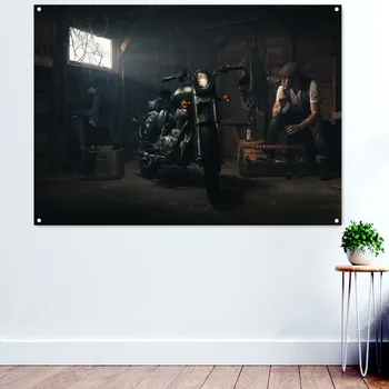 Motociclista Fumar Garagem Motocicleta Arte de Parede Cartazes Imprime Bandeira de Pintura para os Homens da Caverna Meninos Adolescentes de Decoração de Quarto de Tapeçaria Mural