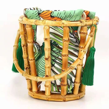 Moda Nova de Bambu Tecida do Saco de Verão Rodada Cesta de Bambu Balde de Bolsa de Franjas de Bambu Tecida do Saco de Mão Saco de Praia