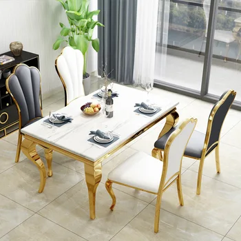 Pós-moderno de luxo em mármore, mesa de jantar e cadeira combinação conjunto, Nórdicos criativa aço inoxidável tabela, mobiliário de alta gama dinin
